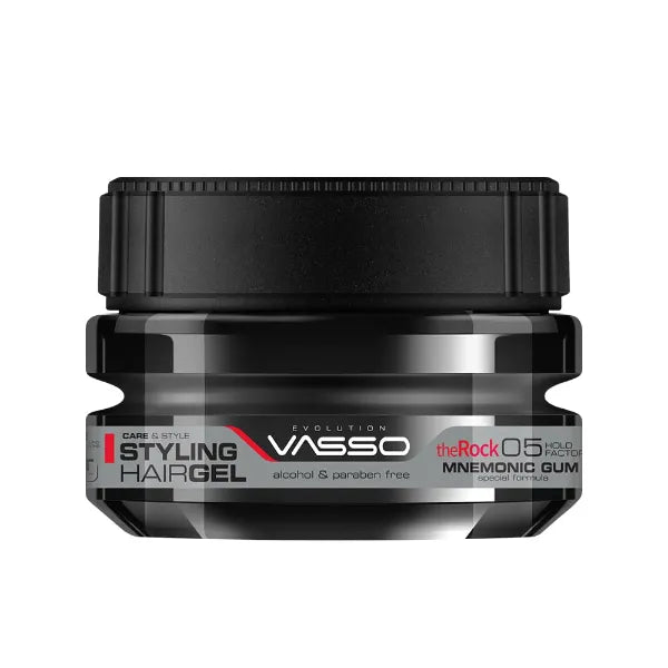 Vasso Hair Styling Gel For All Hair Types | Ultra Hold and Wet Look, Memory Foam, 24-Hour Effect, MNEMONIC GUM theRock - 250 ml