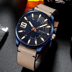 CURREN 8371 Men's Quartz Watch Water-resistant Large Dial Simple Leather Strap - Skin Blue