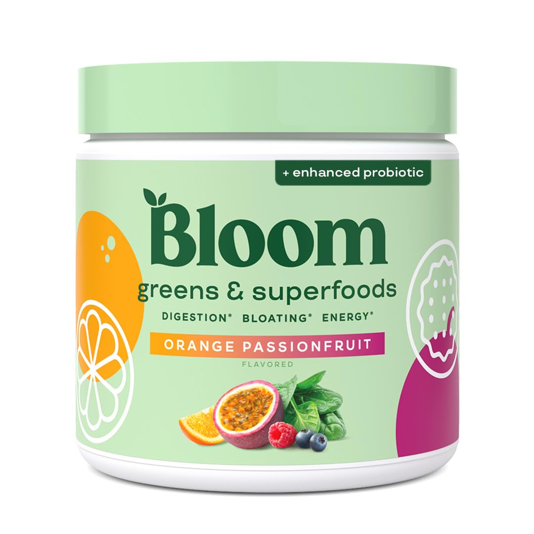 Bloom Nutrition Superfood Greens Powder, Digestive Enzymes with Probiotics & Prebiotics, Gut Health, Bloating Relief for Women, Chlorella, Juice Blend with Beet Root Powder, 30 SVG, Orange Passion Fruit