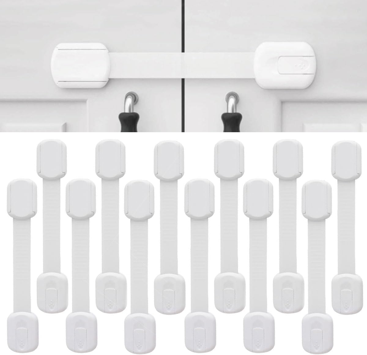 ECVV 12PCS Child Safety Locks White Baby Safety Latches Adjustable Child Proof Cabinet Latches 3M Adhesives Multi-Purpose Baby Locks for Furniture Door Fridge Oven Toilet