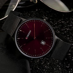 CURREN Mens Analog Watch Black Gunmetal Case Red Dial Date Window Black Stainless Steel Bracelet