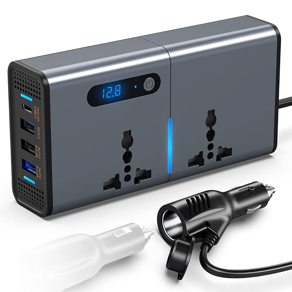 FOKKAH 200W Car Power Inverter, DC 12/24V to 220V AC Car Inverter,3 USB 1 Type-C Ports Charger Adapter Car Plug Converter with Switch and Current LED Screen,Suitable for Cars, SUV & Truck(Silver gray)