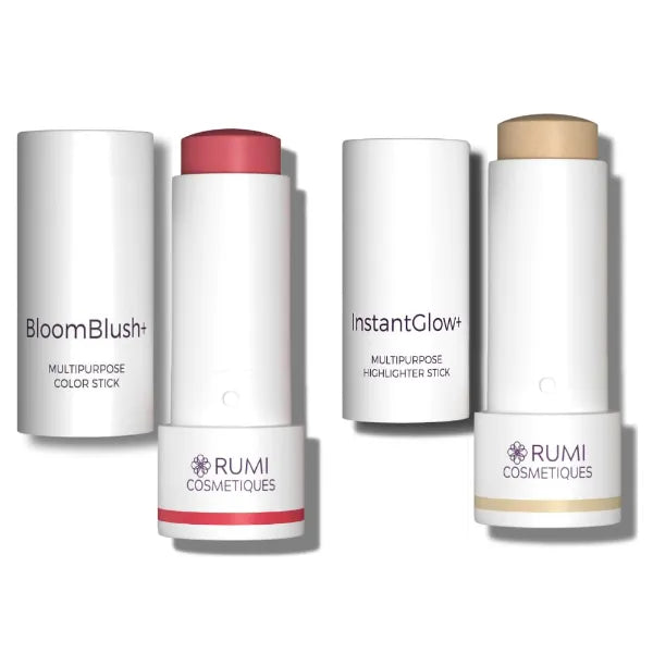 Rumi Cosmetiques 3-in-1 Make Up Stick and Skin Nourishing Highlighter for sensitive skin and older women (BloomBlush+ Berry Kiss, InstantGlow+ Vanilla)