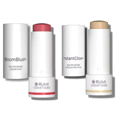 Rumi Cosmetiques 3-in-1 Make Up Stick and Skin Nourishing Highlighter for sensitive skin and older women (BloomBlush+ Berry Kiss, InstantGlow+ Vanilla)
