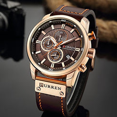 CURREN Mens Water Resistant Sport Chronograph Watches Military Multifunction Leather Quartz Wrist Watches (gold brown)