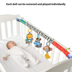 AMERTEER Baby Stroller Toy Bar| Sensory Hanging Toys for Baby Bouncer & Stroller Arch| 3PCS Soft Cloth Animal Arch with Rattle, Music Box & Bibi| Infant Travel Play for Motor Development (L70cm,H24cm)