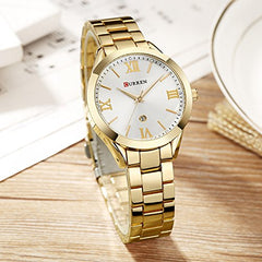 Curren 9007 Quartz Movement Round Dial Stainless Steel Strap Waterproof Women Watch - Gold, White