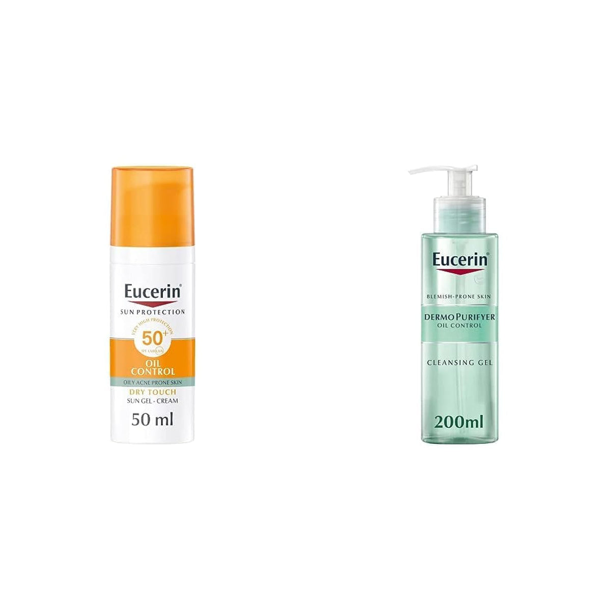 Eucerin Sun Oil Control Gel-Cream SPF50+ 50ml & DermoPurifyer Cleansing Gel, Acne-Prone Skin, Fragrance-Free, Soap-Free, 200ml