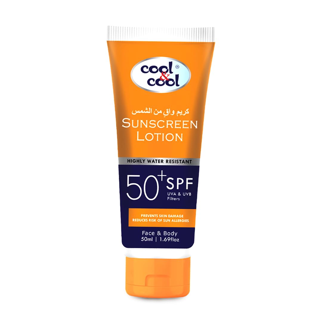 Cool & Cool Sunscreen Lotion SPF 50 - Highly Water Resistant, Broad-Spectrum UVA & UVB Protection, Prevents Skin Damage & Sun Allergies, Face & Body - 50ML