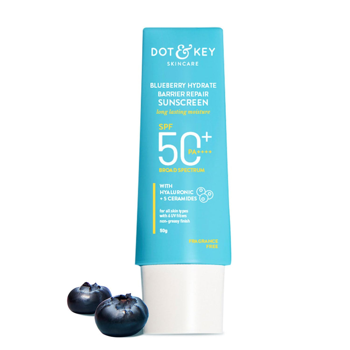 DOT & KEY Blueberry Hydrate Barrier Repair Sunscreen Spf 50+,Pa++++|For Dry&Sensitive Skin|Non - Greasy Finish|No White Cast|Uv&Blue Light Protection|Broad Spectrum|For Women&Men|50G, 1 Count