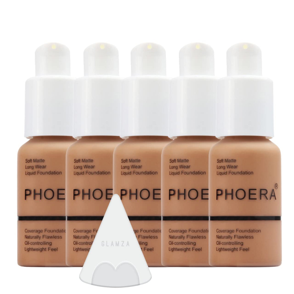 Glamza Phoera Foundation Full Coverage Makeup Set - 24hr Long Lasting Oil Control - Soft Smooth Matte Flawless Concealer Cream - Inc x5 30ml Foundation & Silicone Blender Sponge (107 Honey)