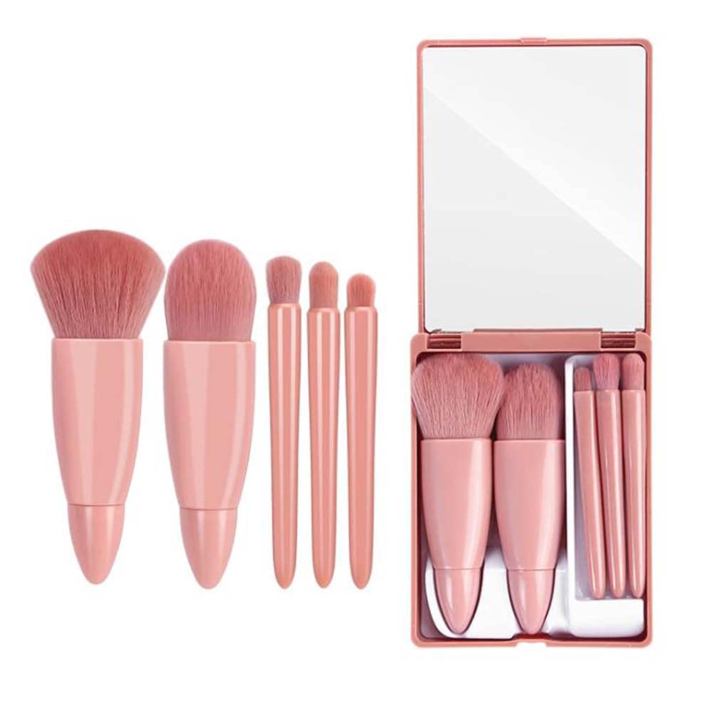 COSHINE Easy-taken Travel Makeup Brush Set, 5pcs Mini Complete Function Cosmetic Brushes Kit (5pcs with mirror)