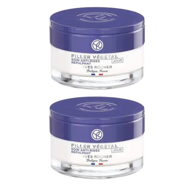 Yves Rocher Filler Vegetal Anti-Wrinkle Plumping Care Day Cream Velvety Texture – Set of 2 Double Moisturizing and Firming Effect 50 ml/1.7 fl.oz