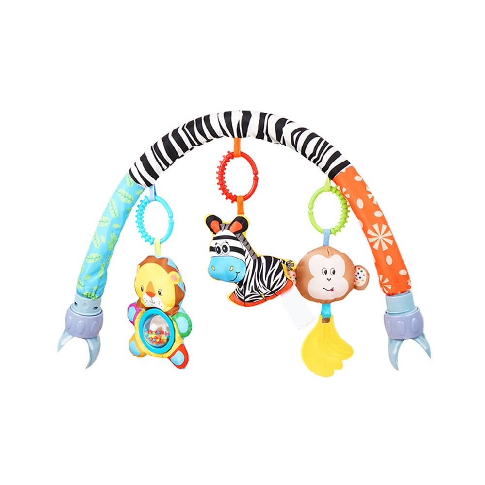 AMERTEER Baby Stroller Toy Bar| Sensory Hanging Toys for Baby Bouncer & Stroller Arch| 3PCS Soft Cloth Animal Arch with Rattle, Music Box & Bibi| Infant Travel Play for Motor Development (L70cm,H24cm)