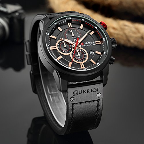 CURREN Mens Water Resistant Sport Chronograph Watches Military Multifunction Leather Quartz Wrist Watches (black black)