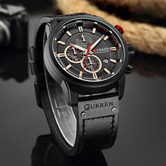 CURREN Mens Water Resistant Sport Chronograph Watches Military Multifunction Leather Quartz Wrist Watches (black black)