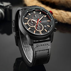 CURREN Men Leather Strap Military Watches Men's Chronograph Waterproof Sport Wrist Date Quartz Wristwatch Gifts (Black Black)