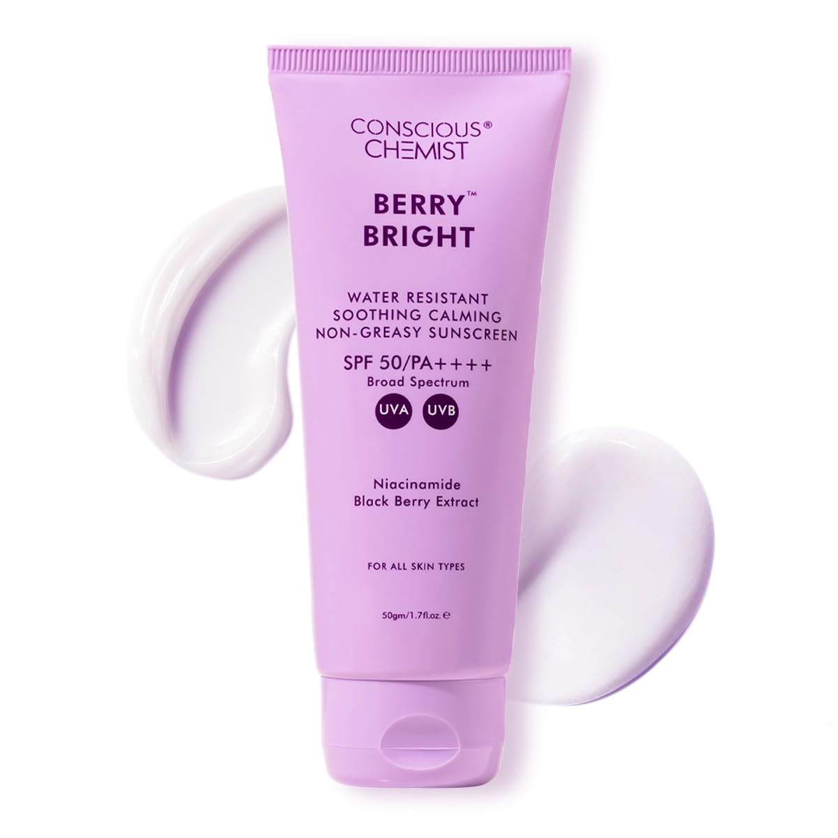 Conscious Chemist® Berry Bright Sunscreen SPF 50 PA++++ | 50g | Sunscreen for Oily Skin, Gel Sunscreen, Niacinamide with Black Berry Extract, Hybrid Lightweight, All Skin Types