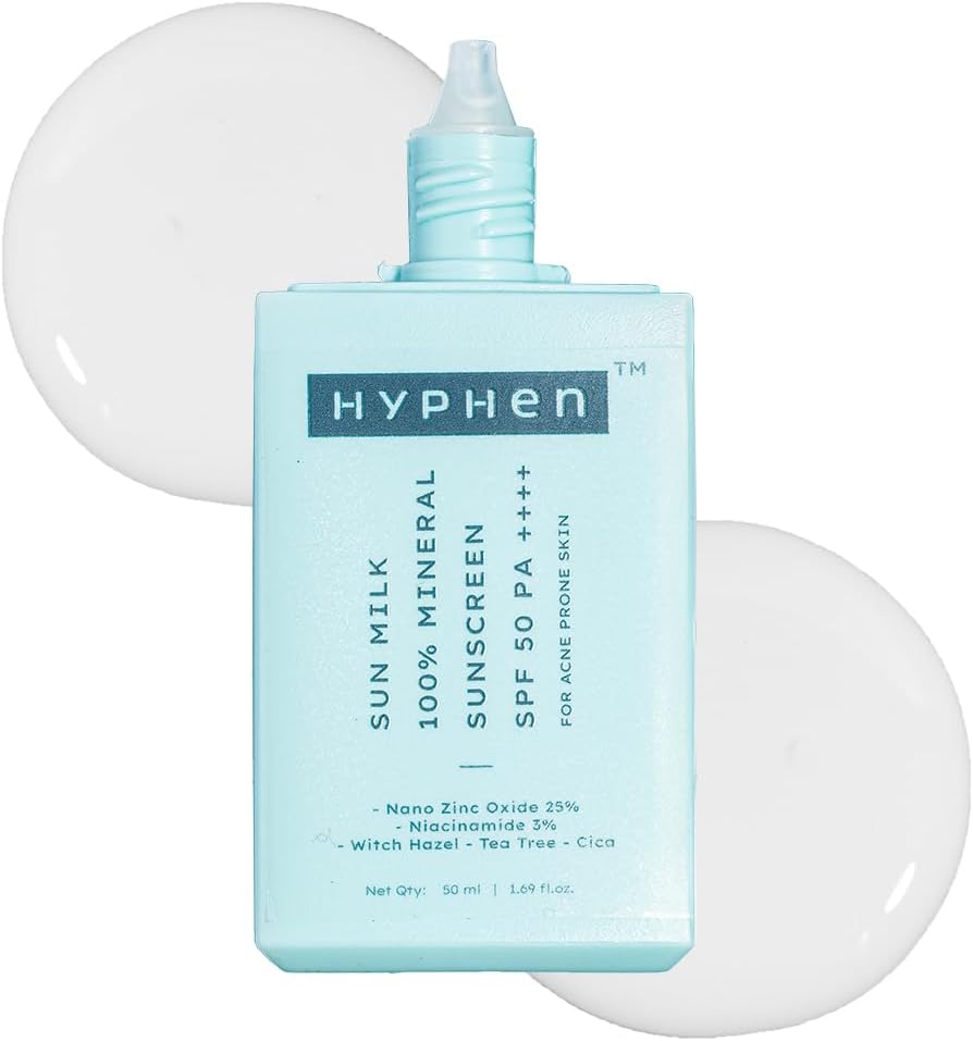 Hyphen Sun Milk 100% Mineral Sunscreen Spf 50 Pa++++ Uv+ Bluelight Protection, 25% Nano Zinc Oxide | Sensitive, Acne Prone & Oily Skin, Water Resistant Sun Protect | For Women And Men - 50 Ml