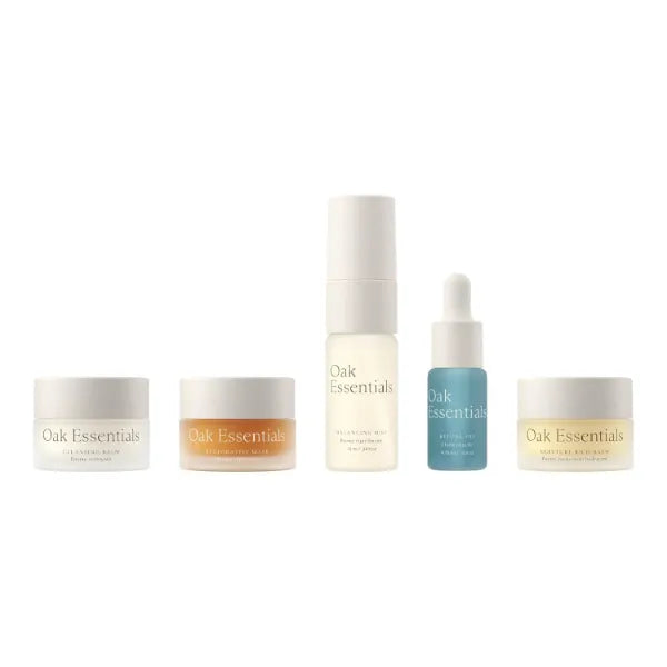 Oak Essentials The Mini Routine, 5-Piece Skincare Set: Cleansing Balm, Restorative Mask, Balancing Mist, Blue Tansy Ritual Oil and Moisture Rich Balm, TSA-Friendly Travel Sizes