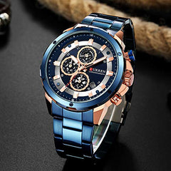 CURREN Watch Men's Luxury Quartz Watch Men's Calendar Chronograph All Stainless Steel Waterproof Watch (Blue)