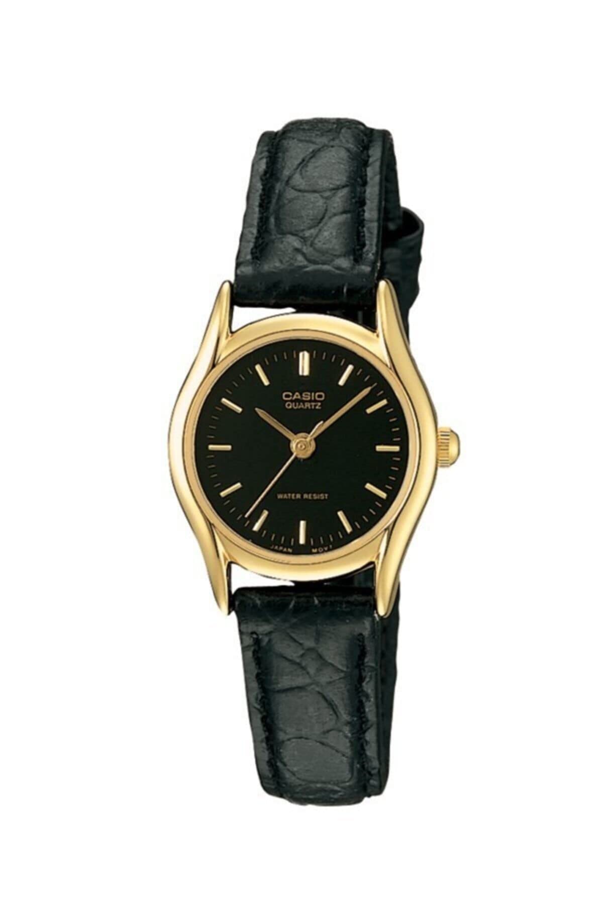 Casio Womens Quartz Watch, Analog Display and Leather Strap Black/Gold