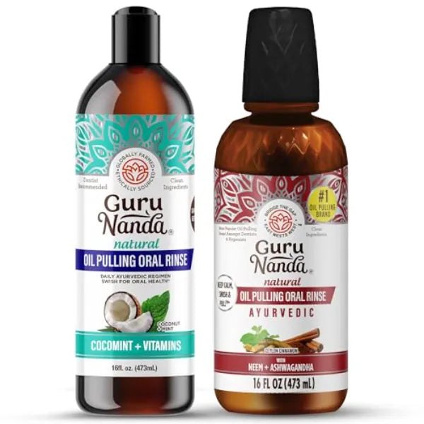 GuruNanda Ayurvedic Oil Pulling Bundle – Coconut Oil & Ashwagandha Neem Oil (16 oz) for Fresh Breath, Stronger Teeth & Happier Gums