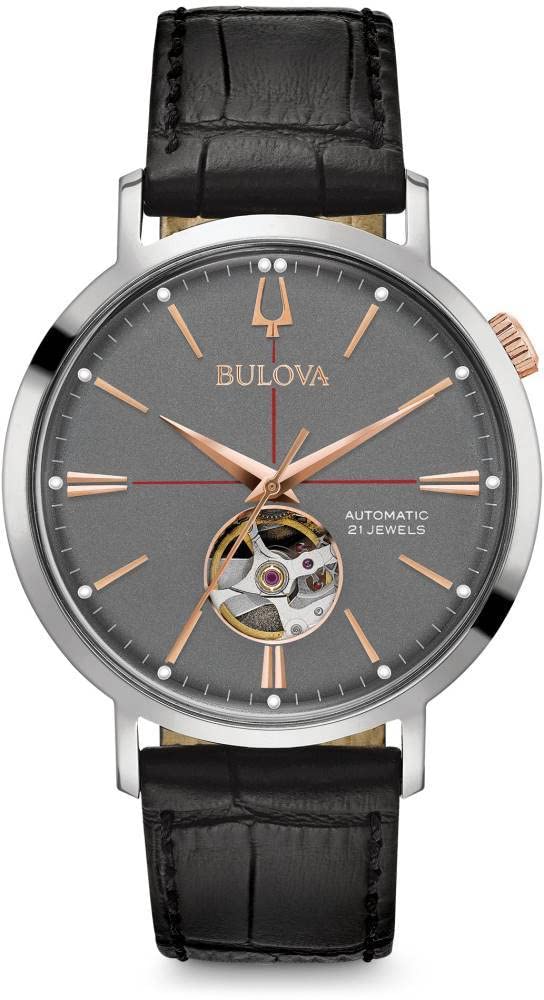 Bulova Men's Classic Aerojet 3-Hand Automatic Leather Strap Watch, Open Aperture, 40-Hour Power Reserve, Double Curved Mineral Crystal, 41mm - Black