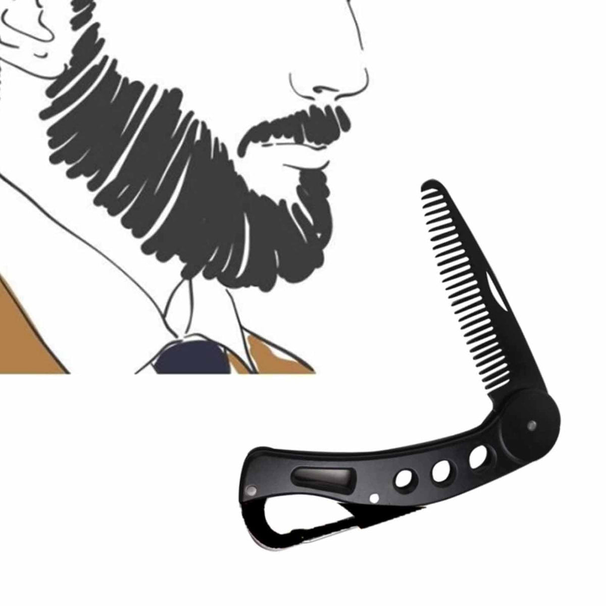 Tazweeq Men's Grooming Stainless Steel Folding Beard Comb, Anti-Static Hair Styling Pocket Beard Comb (Black)