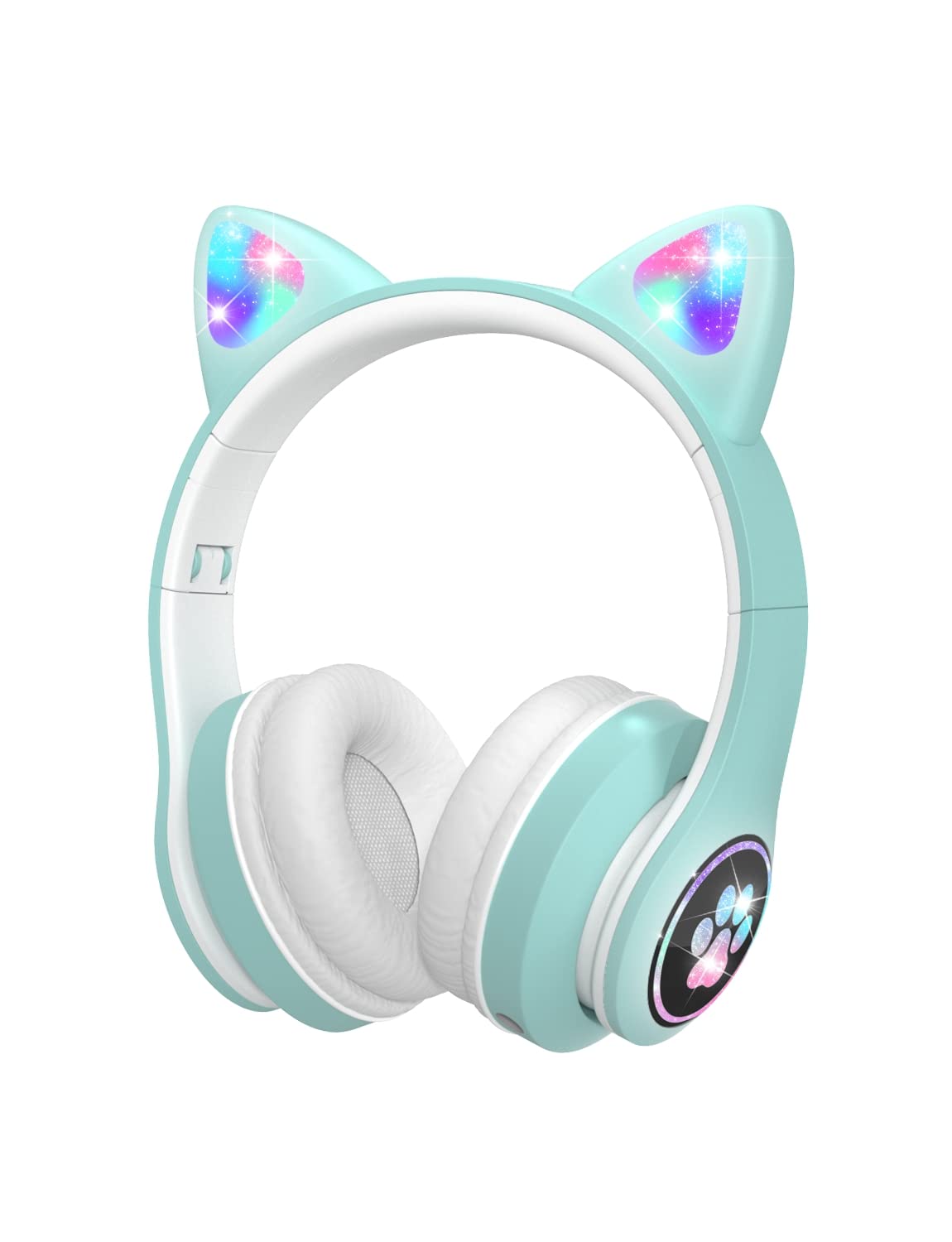 VuyKoo Kids Headphones with Microphone/RGB LED Light Up, Cat Ear Bluetooth Headphones 94dB Volume Limiting, Foldable Stereo Over-Ear Headphones for Kids Tablet/School/iPad/Smartphone (Green)