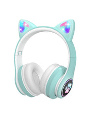 VuyKoo Kids Headphones with Microphone/RGB LED Light Up, Cat Ear Bluetooth Headphones 94dB Volume Limiting, Foldable Stereo Over-Ear Headphones for Kids Tablet/School/iPad/Smartphone (Green)