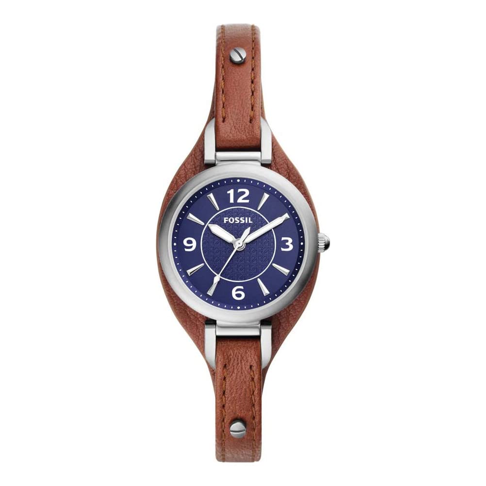 Fossil Women's Carlie Three-Hand, Stainless Steel Watch with a 28mm case size and a leather strap