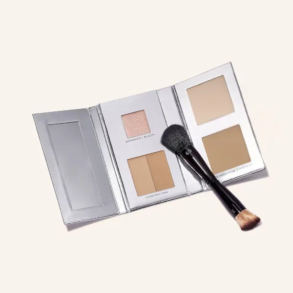 Woosh Beauty, The Fold Out Complexion Palette w/Secret Brush, Travel All in One Neutral Cream & Powder Kit, 4 in 1 Nested Makeup Brush (#2 Medium Light)