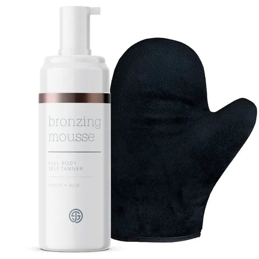 SJOLIE Self Tanner - Express Sunless Tanning Mousse + Mitt Applicator | Medium Dark Color, Streak-Free, Vegan, No Parabens, 7 Fl Oz