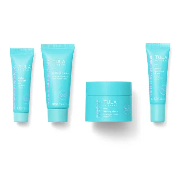 TULA Skin Care Your Best Skin At Every Age Firming & Smoothing Discovery Kit - Wrinkle Treatment, Face Moisturizer, Eye Serum and Overnight Repair Treatment, Anti-Aging, 4-Piece Kit