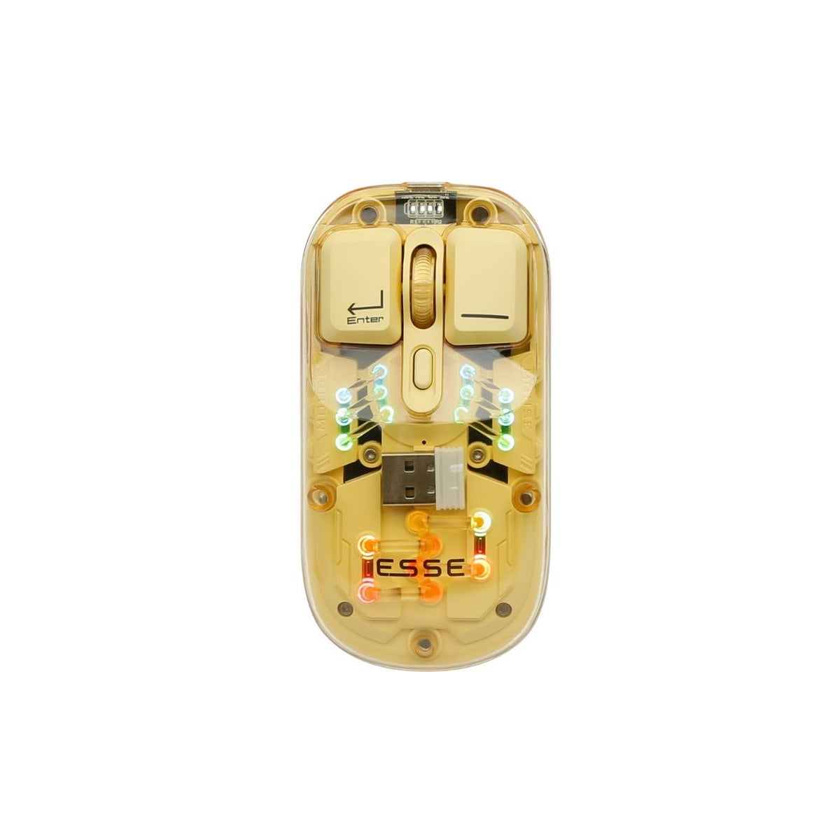 ESSE FLUX Transparent Wireless RGB Mouse, Dual Mode Bluetooth 5.0 & USB, Mechanical Key Feel, 11 RGB Modes, Adjustable DPI 800/1200/1600, Rechargeable (Yellow)
