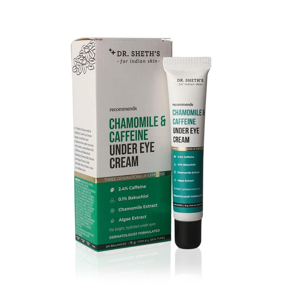 Dr. Sheth's Chamomile & 2.4% Caffeine Under Eye Cream | Reduces Fine Lines, Wrinkles & Puffiness | 0.1% Bakuchiol & Algae Extract for Dark Circles For Women & Men | Daily use anti aging cream -15g