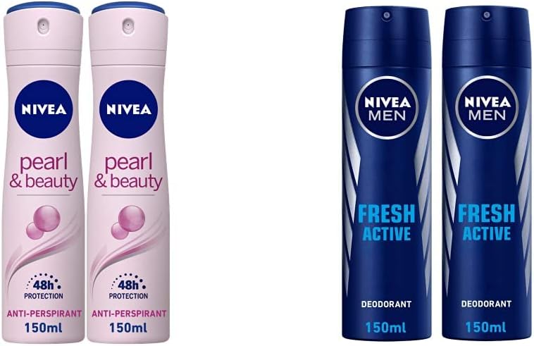 NIVEA Antiperspirant Spray for Women, Pearl & Beauty Pearl Extracts, 2x150ml & MEN Antiperspirant Spray for Men, Fresh Active Fresh Scent, 2x150ml