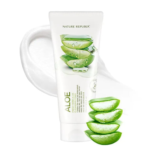 Nature Republic Fresh Herb Aloe Cleansing Foam Hydration & Moisturizing Daily Makeup Remover, Nighttime Foaming Pore Cleansing Aloe Face Wash 170ml / 5.74 fl Oz