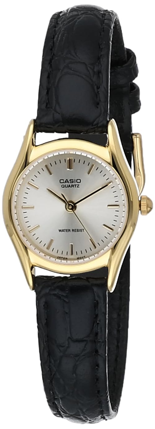 Casio Womens Quartz Watch, Analog Display and Leather Strap Black / Gold / White