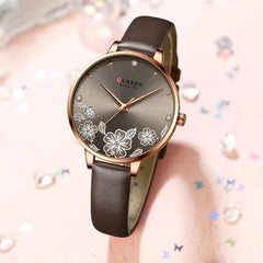 CURREN 9068 Brand Women Watch Fashion Flower Dial Quartz Ladies Leather Wristwatch Elegant Gift Lady Watche WITH ORIGNAL GIFT BOX - LIGHT BROWN