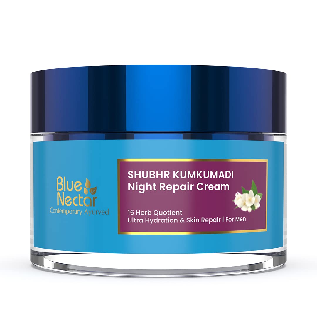 Blue Nectar Ayurvedic Anti Aging Night Cream for Men to reduce fine lines and wrinkles | Skin Repair & Nourishment | Best Men Face Moisturizer to Add Natural Glow for Youthful Look (16 Herbs, 50g)