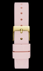 GUESS Ladies Trend Crystal 36mm Watch – Gold-Tone Stainless Steel Case Champagne Dial & Pink Silicone Strap