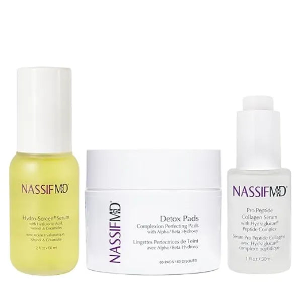 NassifMD Surgical Grade Skincare Essentials Set Cleanse, Exfoliate & Hydrate, Includes Detox Pads, Hyaluronic Acid Serum & Pure Hydration, Targets Dullness, Fine Lines, Uneven Tone, Doctor Formulate
