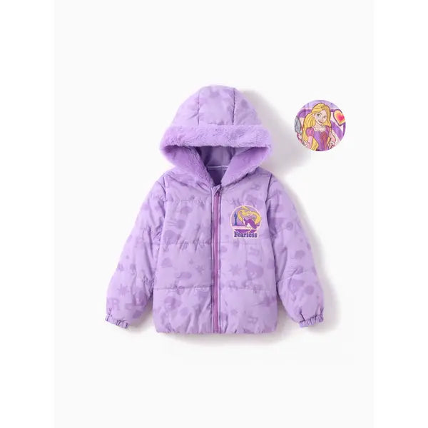 PATPAT Disney Princess Toddler Girl 1pc Ariel/Moana/Rapunzel/Aurora Plush Edge Hooded Jacket Coat Purple