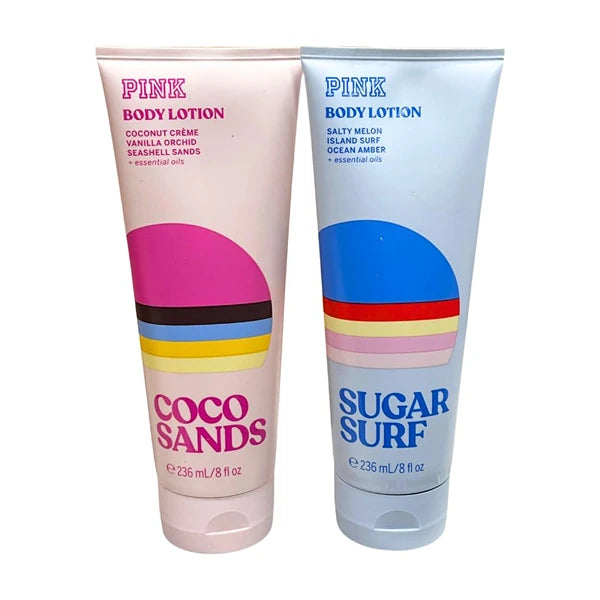 Victoria's Secret PINK COCO SANDS & SUGAR SURF Body Lotions - Sun Chasers 2pc Bundle – Tropical & Beach-Inspired Scents for Women - Full Size