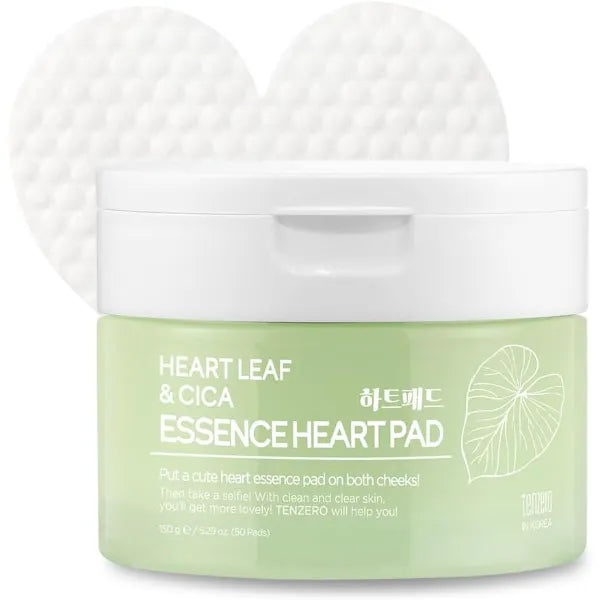 Tenzero Heart Leaf CICA Essence Heart Pad (50 Count, 150g), Redness Relief Soothing Pore Care for Sensitive Skin, Korean Facial Toner Pads, Hydrating & Refreshing, Centella
