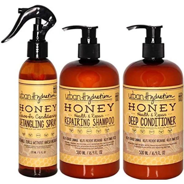 Urban Hydration Honey Health and Repair Shampoo, Conditioner and Detangler Set | Sulfate, Paraben and Dye Free, Cleanses, Detangles, Hydrates and Repairs For Healthy and Shiny Hair, All Hair Types