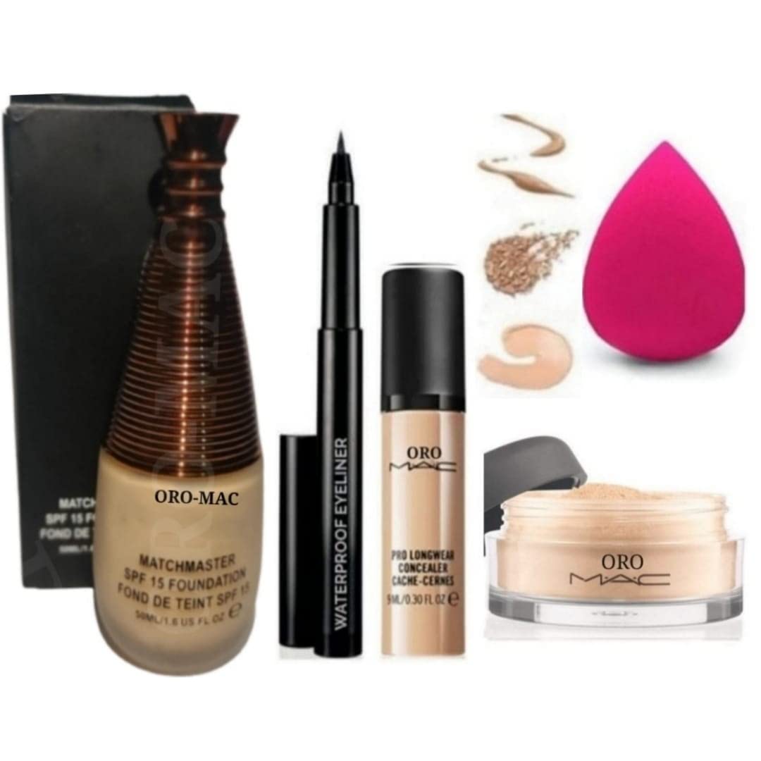 ORO MAC Beauty Makeup Combo Skin Base Foundation Compact Face Powder Concealer Skech Eye Liner With Beuaty Blender Sponge Set of 5