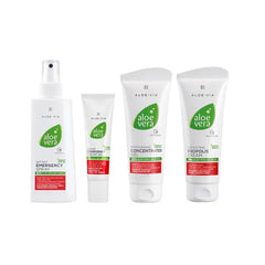 LR Health & Beauty ALOE VIA Fermented Special Care Set with Cosmetic Bag 4 Piece Aloe Vera Skincare Collection Emergency Spray Cream Gel Concentrated Gel, Propolis Cream